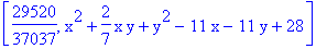 [29520/37037, x^2+2/7*x*y+y^2-11*x-11*y+28]